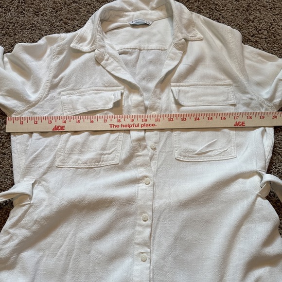 Stradivarius White Linen Blend Roll Tab Sleeve Utility Belted Shirt Size Medium - Picture 7 of 9